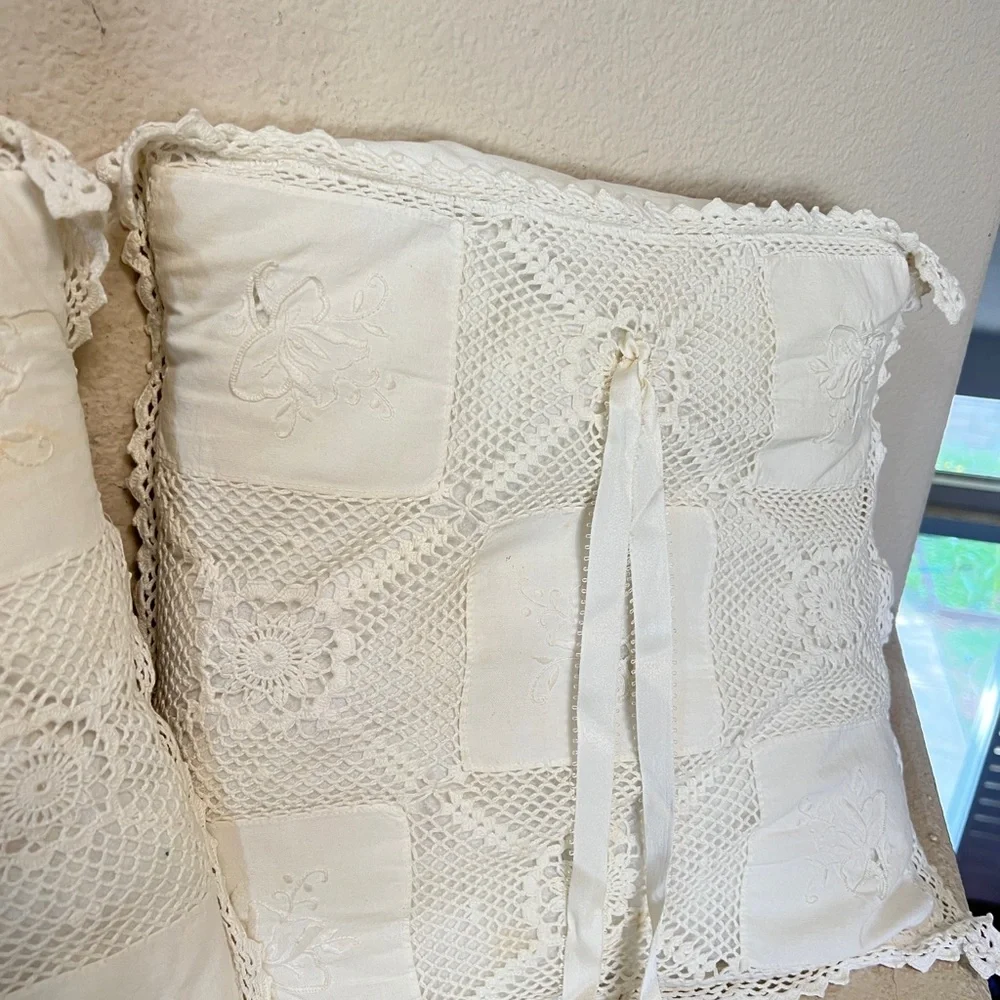 Vintage Handmade‎ Crocheted Embroidered Cream Color Throw Pillows Two Set